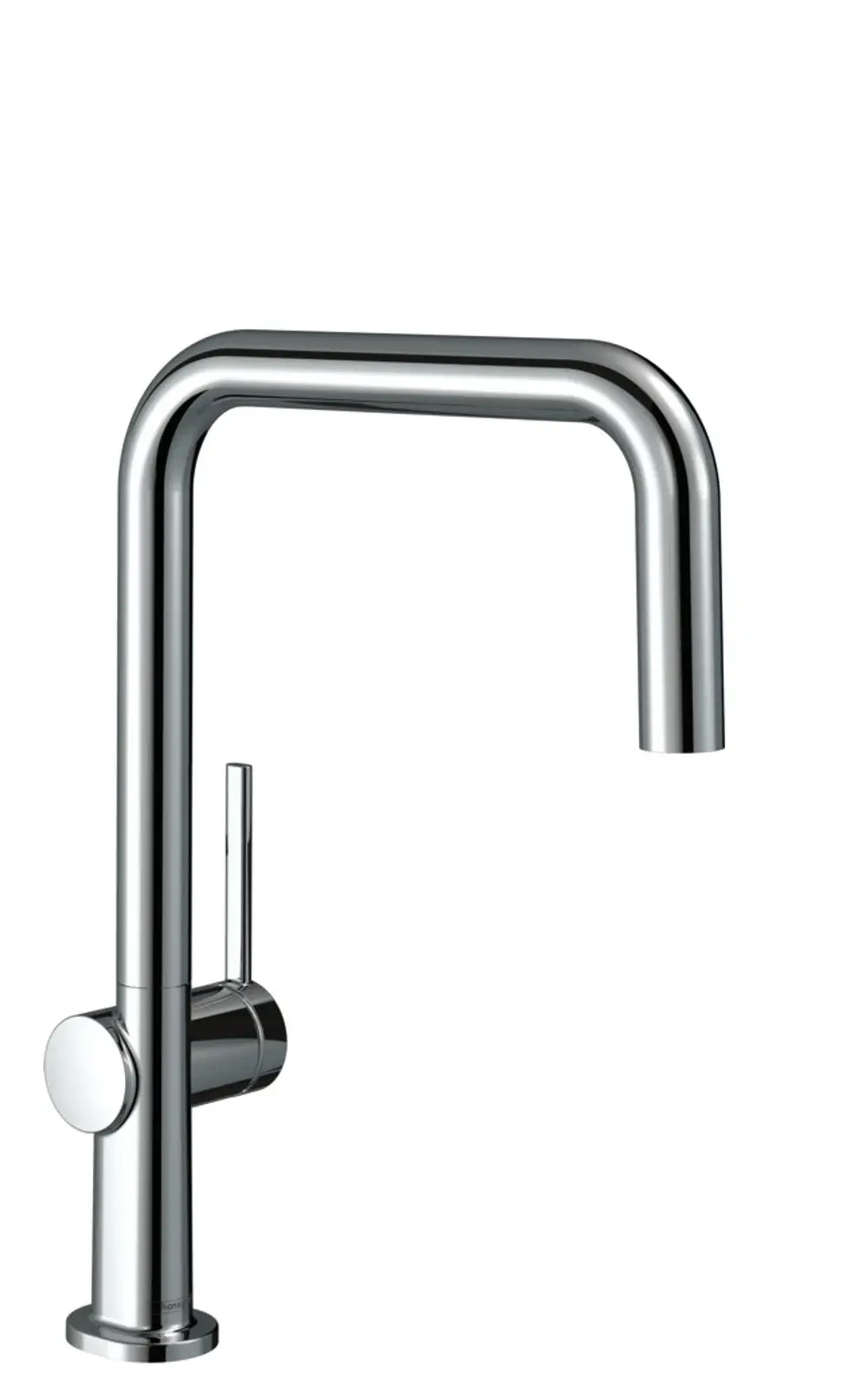 Einhebel-Küchenmischer aus verchromtem Material von Hansgrohe mit einem geschwungenen Auslauf und seitlichem Hebel zur Steuerung des Wasserflusses.